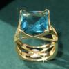 Elegant Gold Color Inlaid Blue CZ Women's Ring Square Hollow Daily Wear Party Jewelry