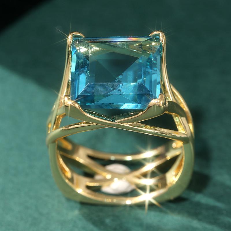 Elegant Gold Color Inlaid Blue CZ Women's Ring Square Hollow Daily Wear Party Jewelry