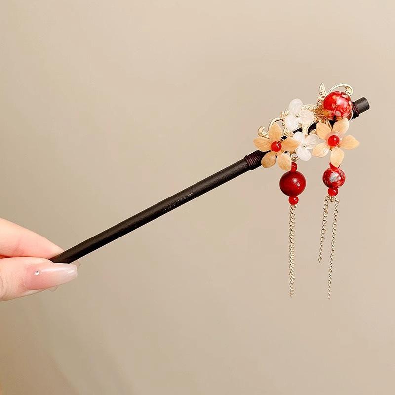 Traditionelle chinesische rote Blume Quaste Haarnadel für Hanfu & Cheongsam