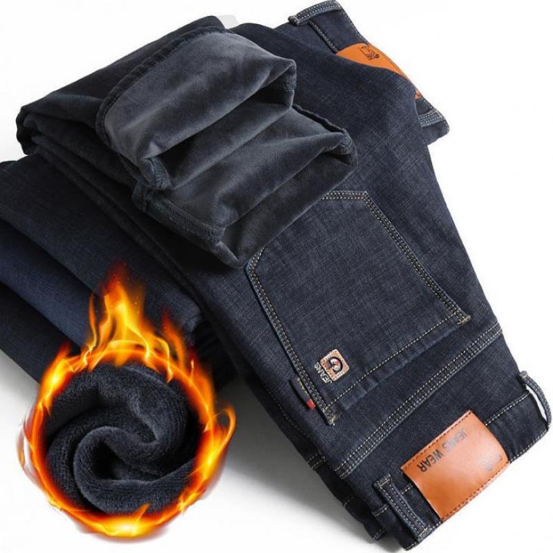 

Men s Fleece Warm Jeans Winter Thicken Plush Velvet Business Office Denim Trousers Brand Clothing Stretch Casual Male Pants 27 чёрный