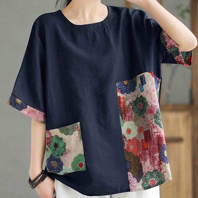 Vintage Crew Neck Short Sleeve for Women Summer Floral Print Patchwork Cotton Breathable T-shirt Loose Lightweight Comfortable Work Vacation T-shirt
