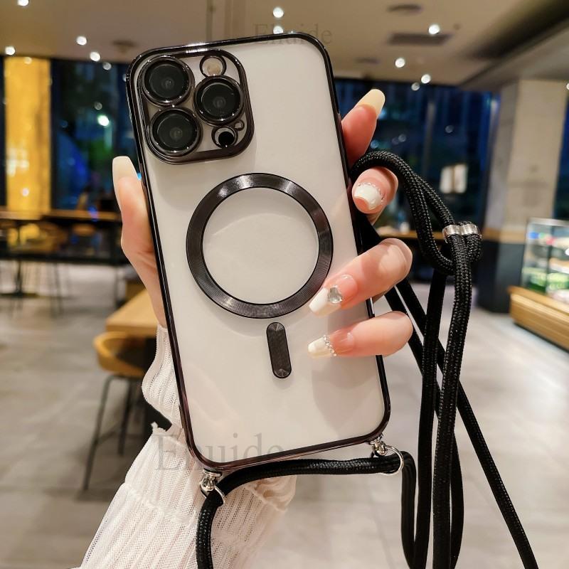 Magnetic Case For iPhone 17 16 14 13 12 11 Pro X XS Max 15 Plus Magsafe Transparent Plating Strap Crossbody Lanyard Neck Cover