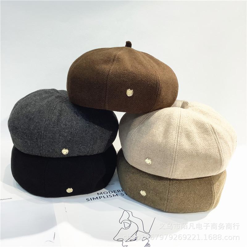 Autumn and winter woolen warm beret painter hat small love octagonal bud hat showing face small retro pumpkin hat