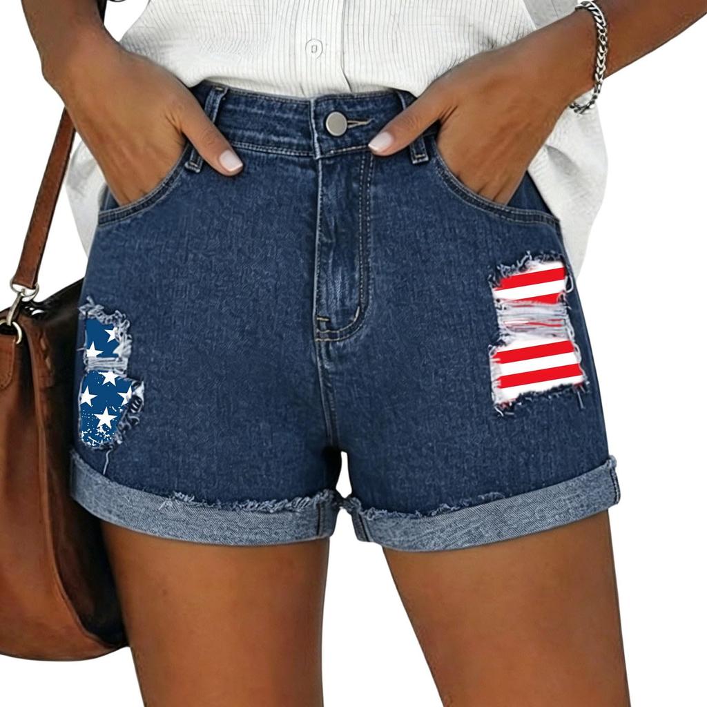 Women's Casual Denim Shorts with Pockets High Waist Rolled Hem Distressed Design Comfortable Fit Summer Wear