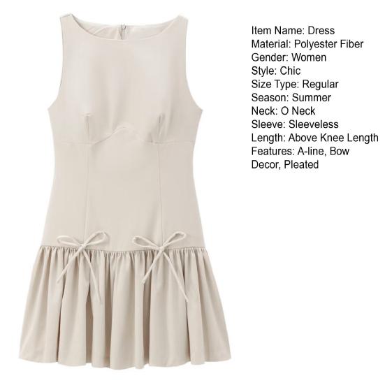 Women Summer Dress Sleeveless Bow Decor Pleated A-line Solid Color Mini Dress Back Zipper Closure O Neck Vest Dress for Dating Party