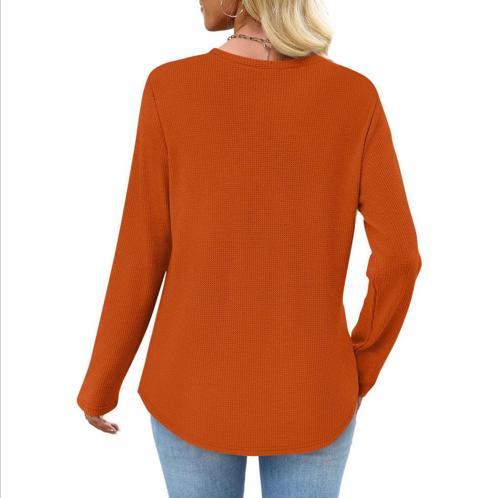 Women's European & American Style Long Sleeve Waffle Knit Top - Loose Fit Casual Pocket T-shirt