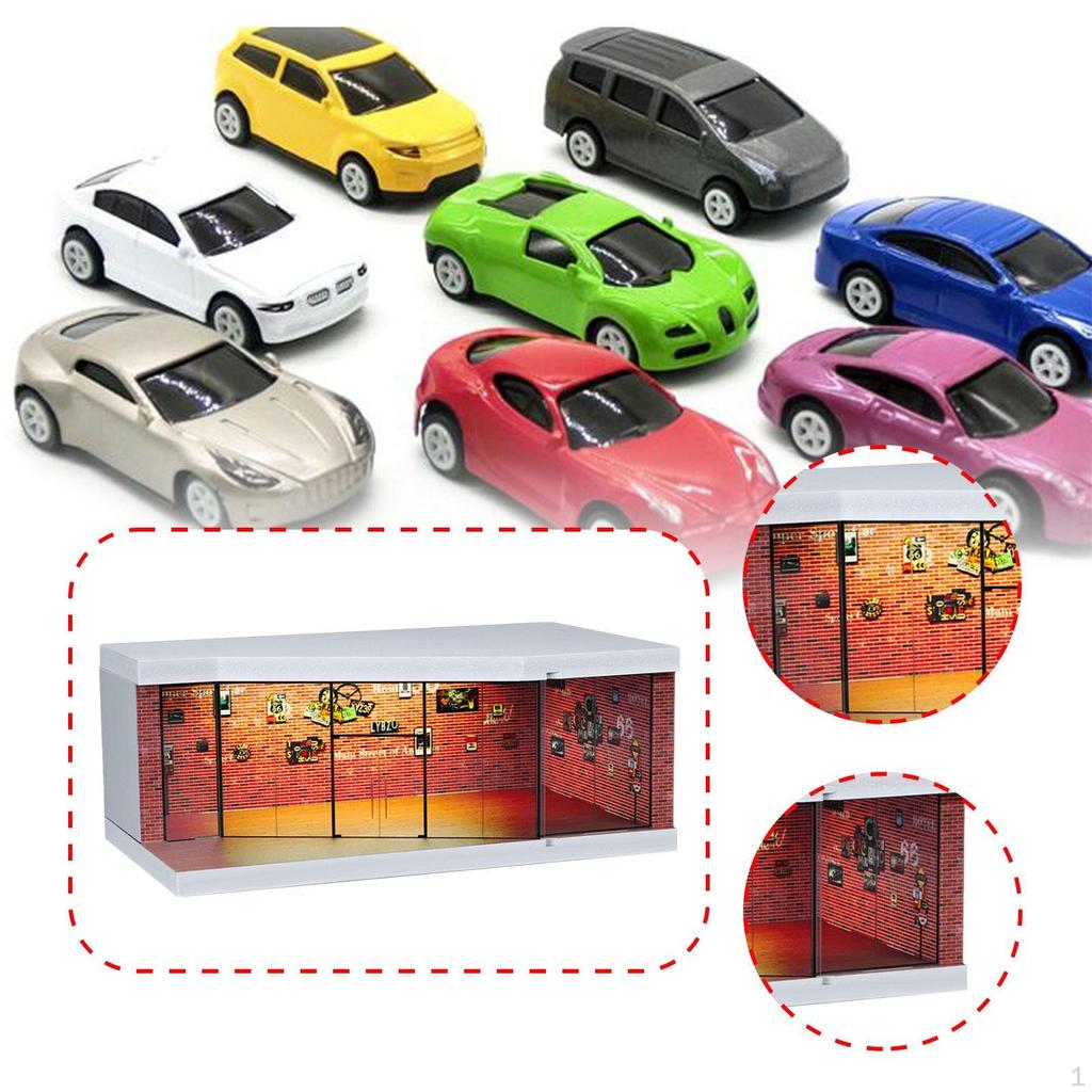 1:64 Car Garage Model Featuring Illuminated Display for Collectible Mini Dolls