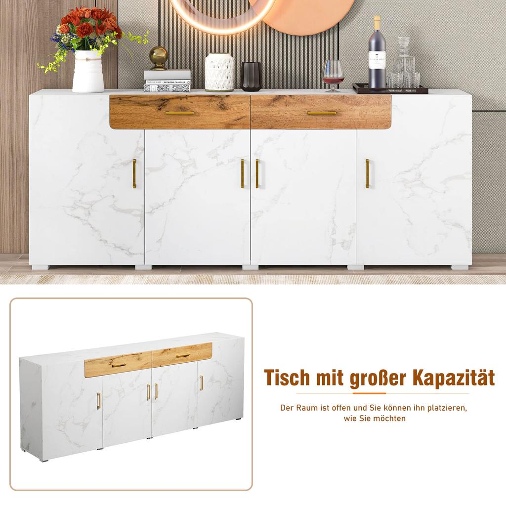 Sideboard Modern Buffet 4 Doors 2 Drawers, Storage Cabinet Ample Storage Space, Buffets Dining Room Living Room Kitchen, White, 208 X 39.5 X 80 Cm