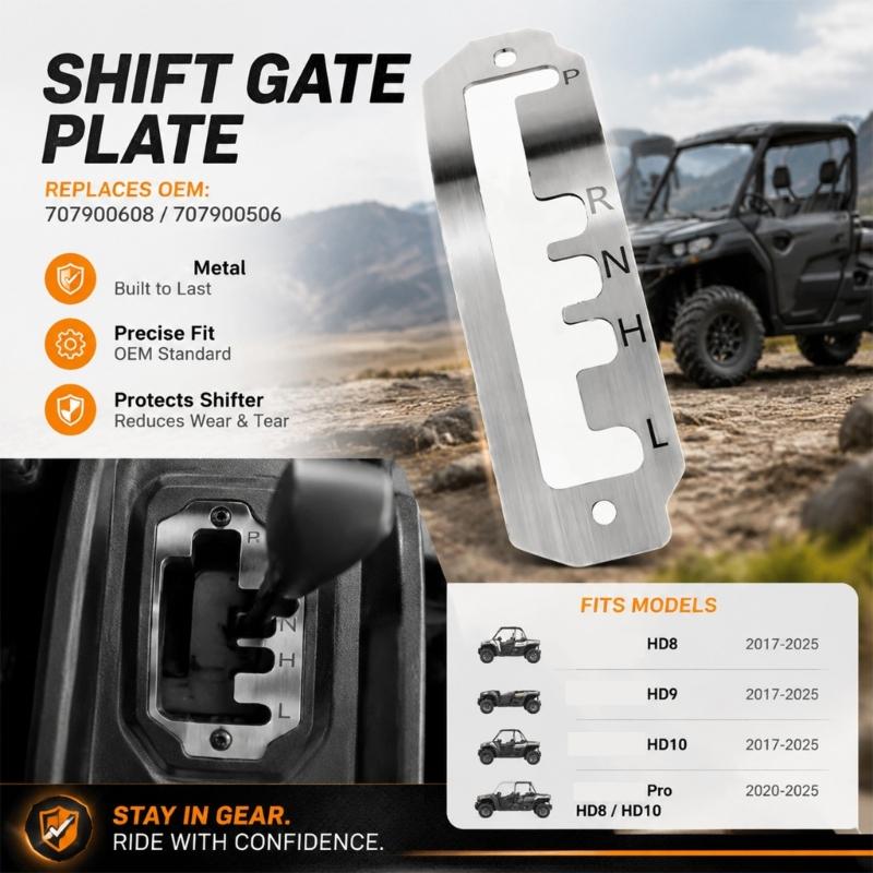 Brushed Metal Selector Gate Panel 707900608 707900506 for HD8 HD9 HD10 UTV Gear Console Replacement, with Marked P R N H L Layout and Defined Manual
