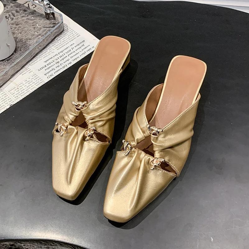 Fashion Women Slippers Square Toe Heeled Sandals Mules Shoes Woman 2025 Trend Designer Dress Pumps Summer Soft Leather Slides Plus Size