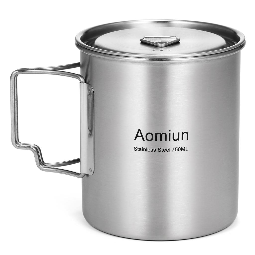 Aomiun 750ml Stainless Steel Pot Portable Water Mug Cup with Lid and Foldable Handle Outdoor Camping Cooking Picnic outdoor cup