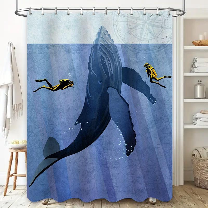 Underwater World Shower Curtain Large Size Blue Whale Print Waterproof Bath Decor for Home Hotel Use Bathroom Decoration Customi