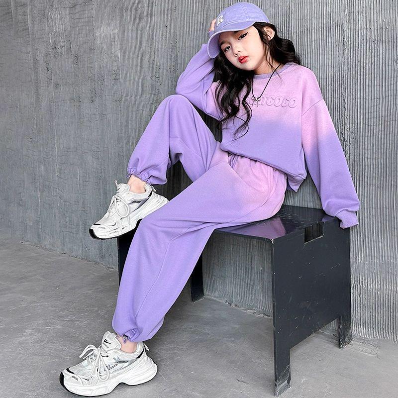 Lila Farbverlauf Hoodie und Jogginghose Set für Mädchen - Stylischer Frühjahrs-/Herbst-Freizeitanzug 2026