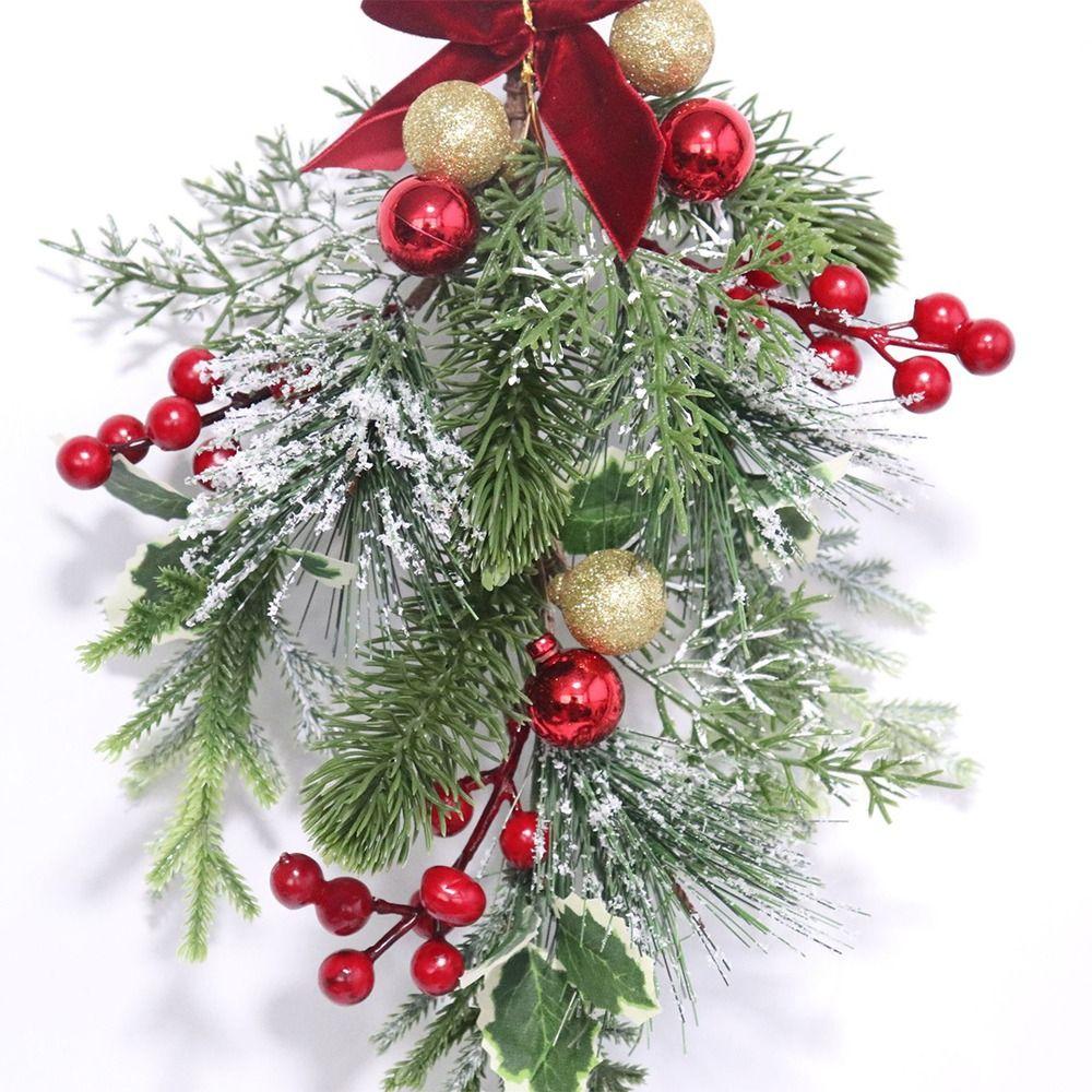 Green&red Christmas Pine Garland 65cm Holly Leaves Artificial Pine Wreath Wall Hanging Staircase Ornament Greenery Pine Rattan