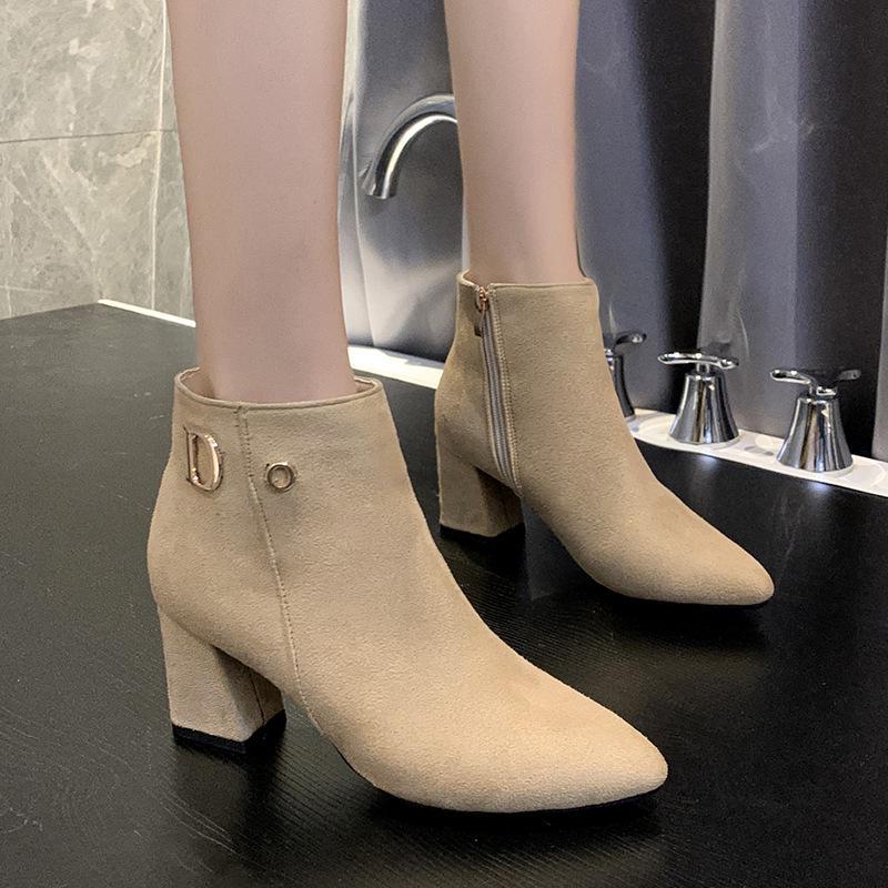 2023 Autumn Women's Suede Martin Boots with Side Zipper and Thick Heel - Trendy European and American Large Size