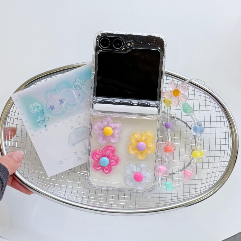 3D For Samsung Galaxy Z Flip 5 6 7 5G Flower Bracele Case Hinge Magnetic PC Shell Shockproof Protective Transparent Back Cover