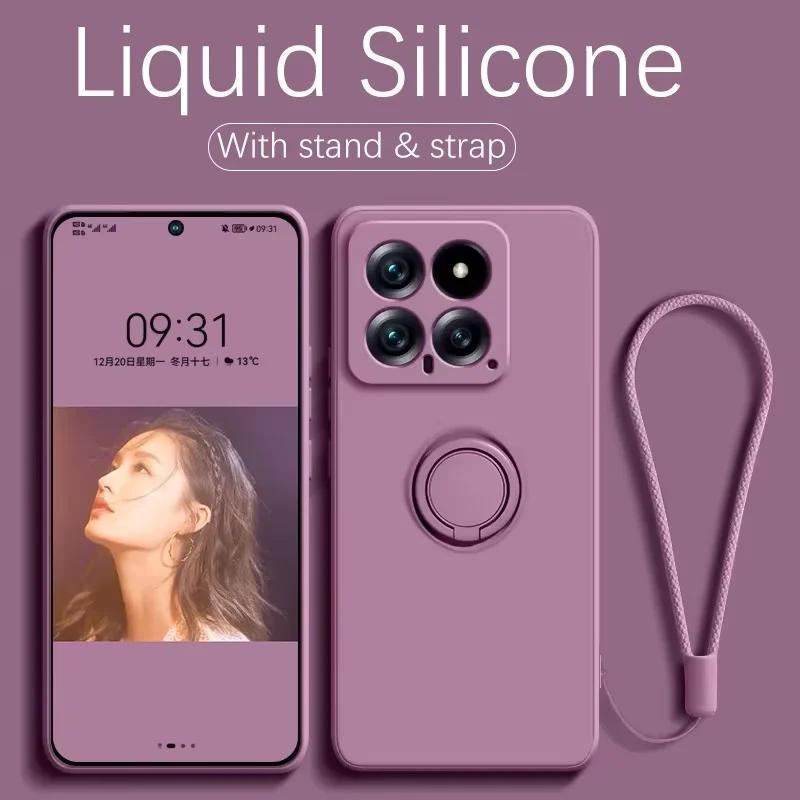 Liquid Silicone Case For Xiaomi 14T Pro 360 ° Rotating Ring Holder Cover For Xiaomi 15 14 13 12 13T 12T Pro Fundas With Strap