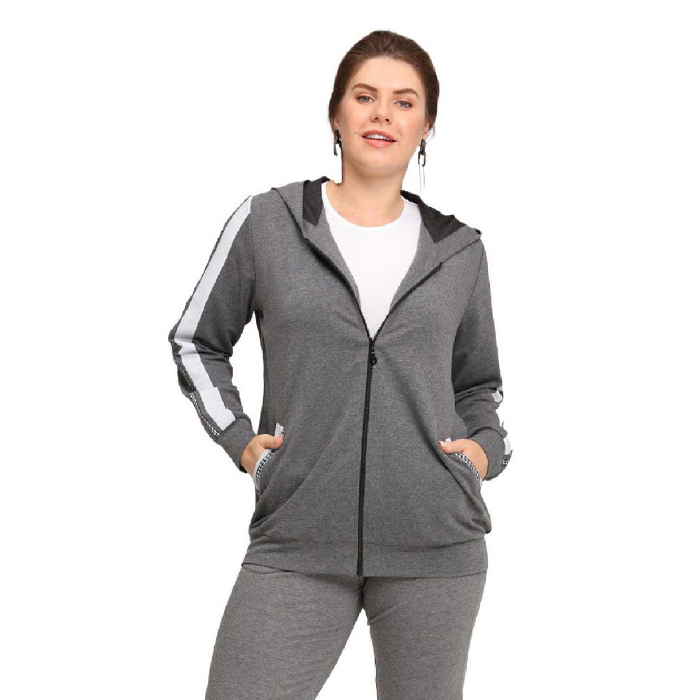 Fierte Women's Large Size Jacket Lm45011 Zipper Closure Seasonal Hood Stripe Detail Double Pocket Long Sleeve Sports Tracksuit Top Anthracite Black