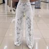 Casual Baggy Wide Leg Denim Pants with Lace Patchwork and Floral Hollow Out Design