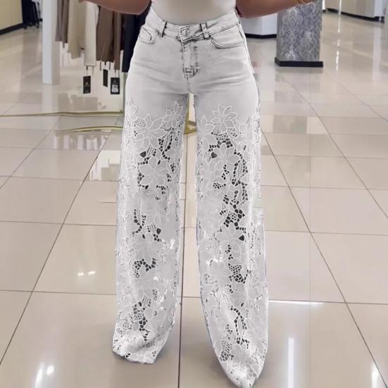 Casual Baggy Wide Leg Denim Pants with Lace Patchwork and Floral Hollow Out Design