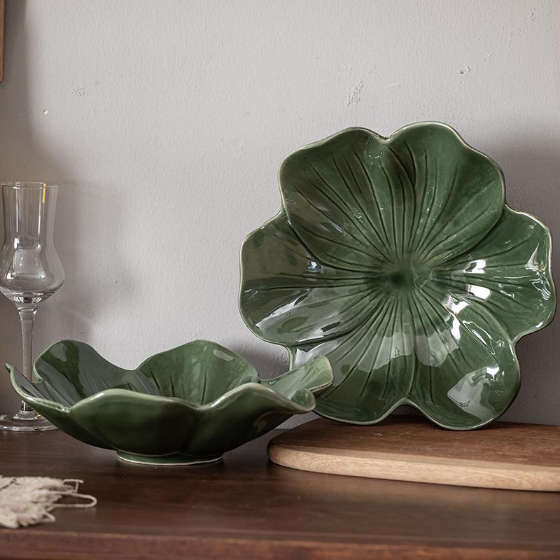 European Retro Ceramic Creative Lotus Leaf Plate Household Vegetable Plate Living Room Fruit Plate Candy Plate Homestay Restaurant Tableware Plate