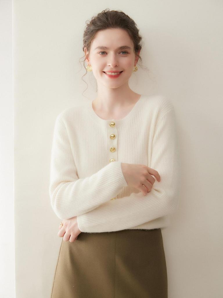 Autumn/Winter Round Neck Single-Breasted Loose Slimming Cashmere Wool Women's Cardigan