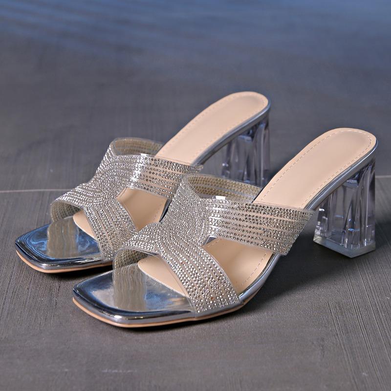 

Женские тапочки на высоком каблуке, модные летние однотонные женские тапочки со стразами высокого качества, Zapatos Para Mujeres 35