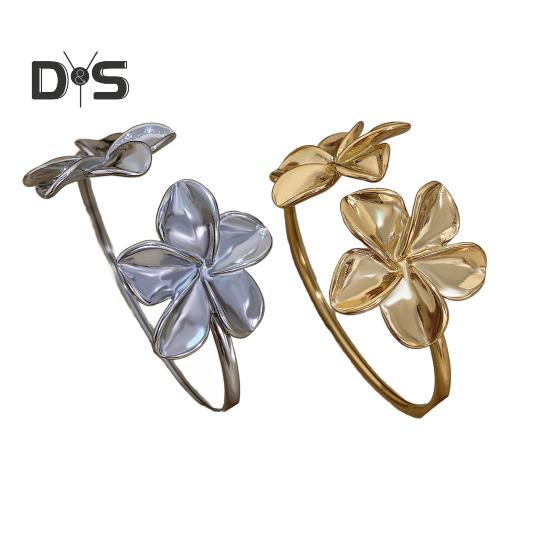 Flower Cuff Bracelets for Women Double Flower Open Bangle Bracelet Adjustable Metal Bracelets Wedding Party Jewelry