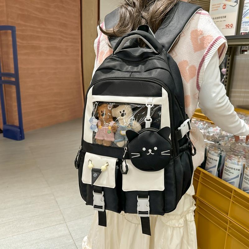 Large Capacity Student Schoolbag Women's Cat Pattern Backpack Color Contrast Backpack with Coin Purse