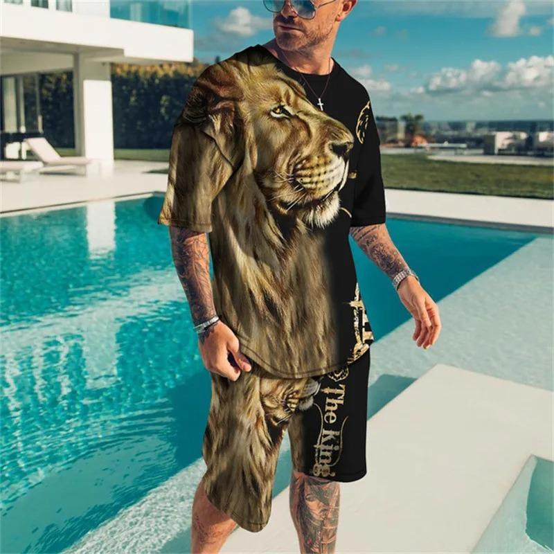 Men Cool Lion Tiger T-shirt Set 3D Animal  Print Casual Style T-shirt Shorts Set Summer New Fashion Street Clothing High-quality