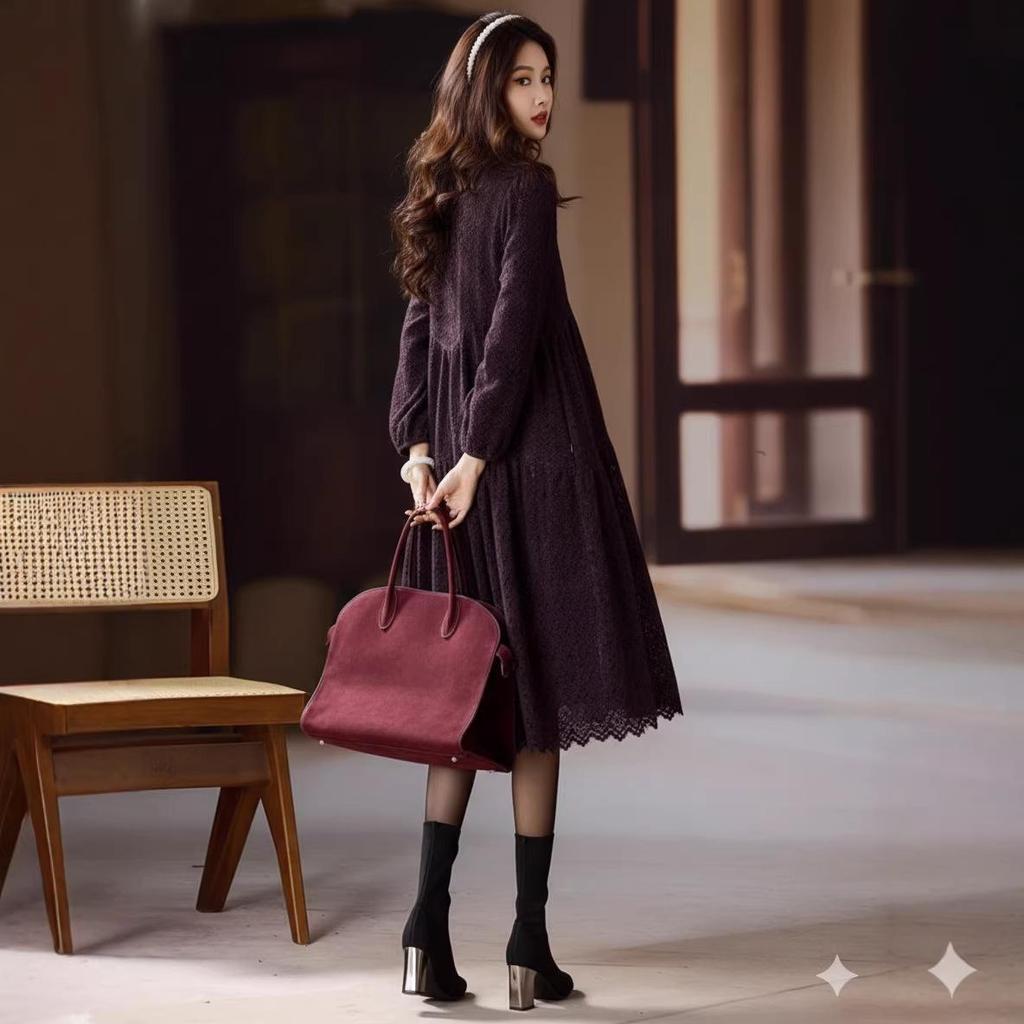 Elegant Plus Size Lace Long-Sleeve Dress for Women - 2025 European Autumn Collection
