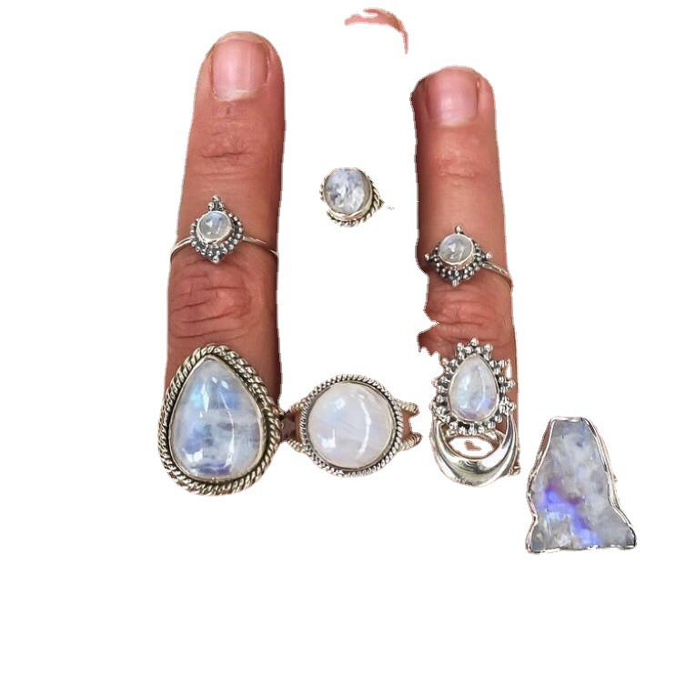 Zhenrong Retro Punk Thai Silver Ring with Synthetic Moonstone