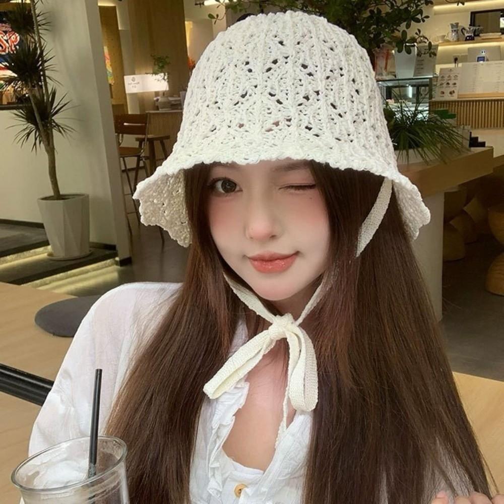 Thin Women Bucket Hat Foldable Design Solid Color Beach Panama Cap Breathable Windproof Rope Outdoor Fisherman Cap