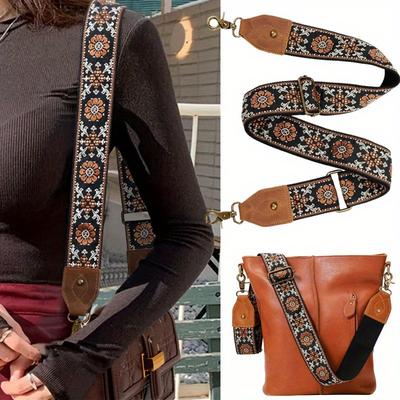 1PC Purse Strap, Leather End Shoulder Strap Adjustable Replacement, Retro Jacquard Embroidery Multi-pattern Crossbody Bag Straps for Handbag