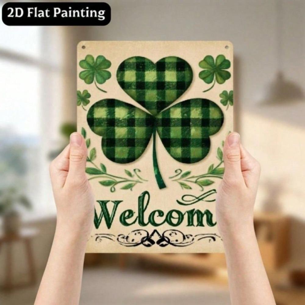 Metal Wall Art Poster Patrick Green Plaid Shamrock for Home Bar Garage Decoration
