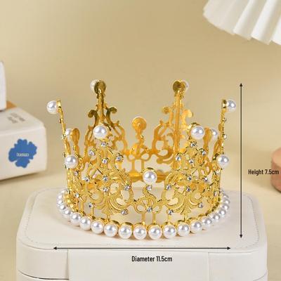 Gold Alloy Pearl Diamond Crown Cake Topper - Birthday Decoration Accessory