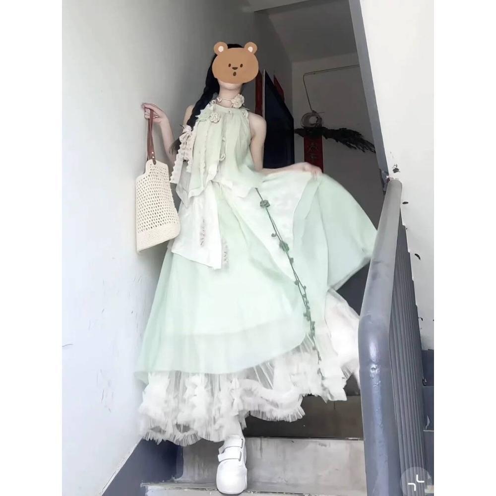 

Супер фея платье с открытыми плечами летний ветер кружевная вставка нерегулярный трехмерный цветок темперамент длинное платье женщины XL- (recommended 110-60kg)