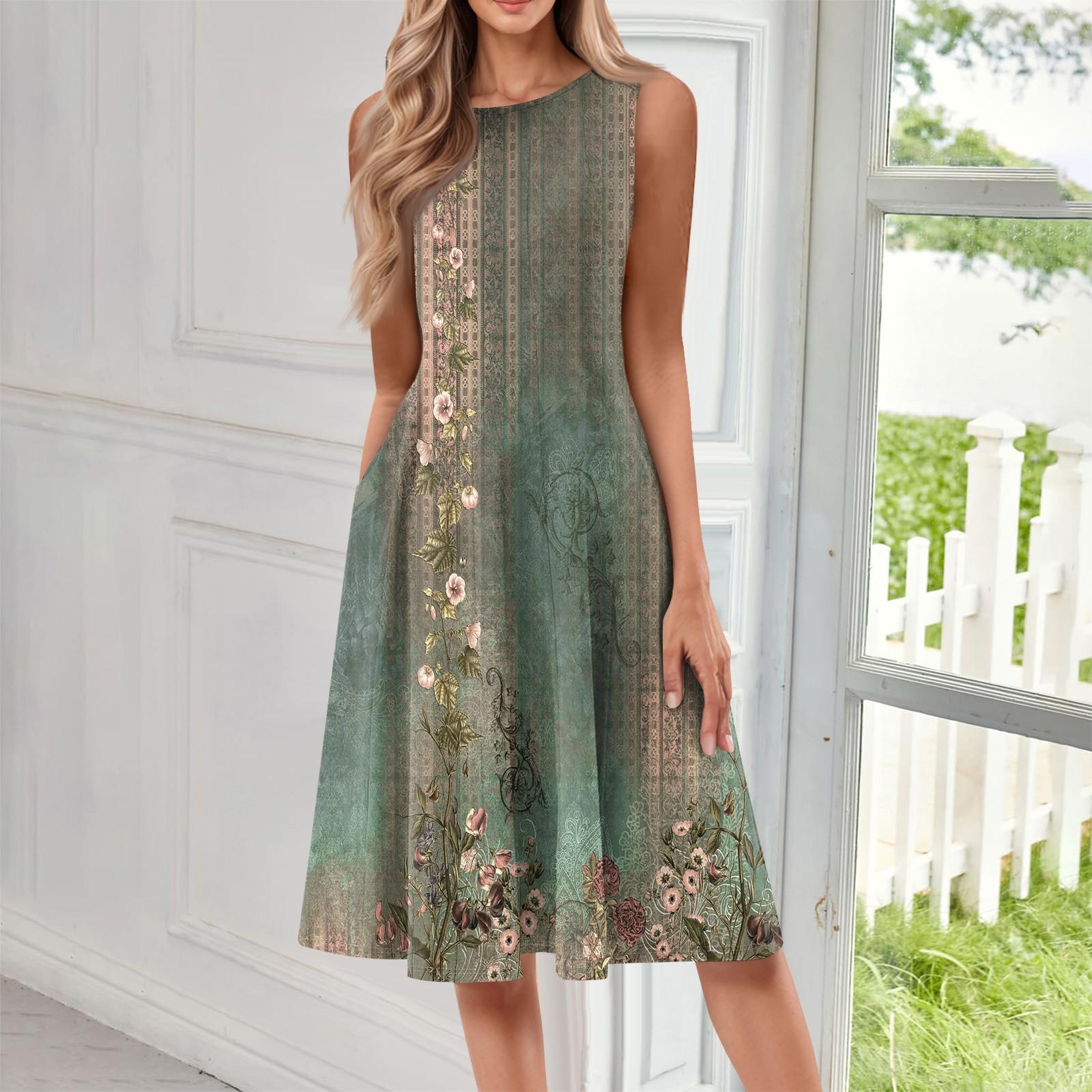 

Женское модное повседневное платье-пуловер с круглым вырезом без рукавов и принтом средней длины L армия зеленый