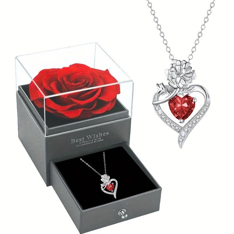 Handmade Heart-Shaped Flower Necklace- Elegant Rose Gift Box with Synthetic Red Stone,for Christmas,Valentine’s Day,Mother’s Day L