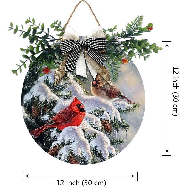 Aowotu Winter Red Bird Door Wreaths for Front Door Outside, Cardinal Branch Round Hanging Signs for Home Decor Holiday Porch Wall Farmhouse Indoor