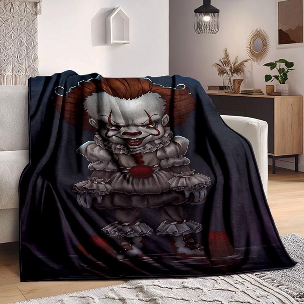 1pc It "Clown" Flannel Throw Blanket - HD Printed Lightweight Soft Warm All-Season Blanket for Sofa, Bed, Travel, Camping 017