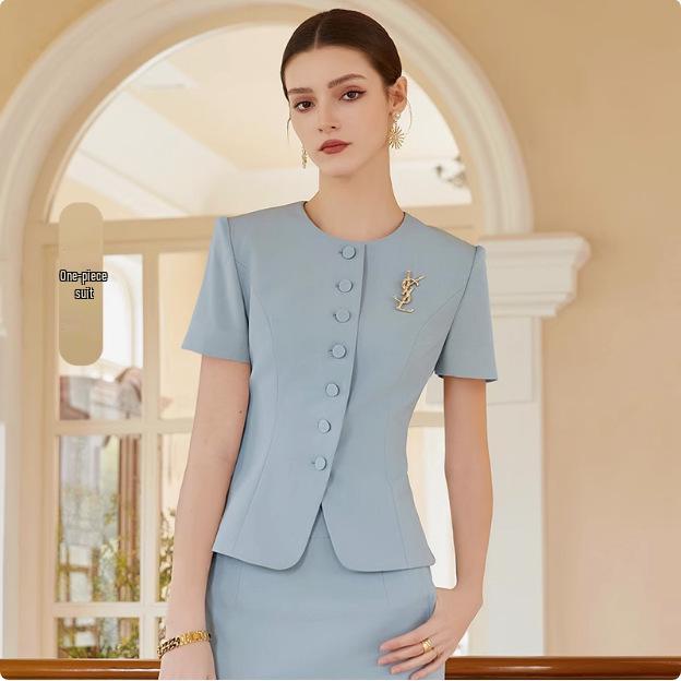 Women's Short Sleeve Blue Professional Skirt Suit - Summer Fashion Round Neck Reception Uniform