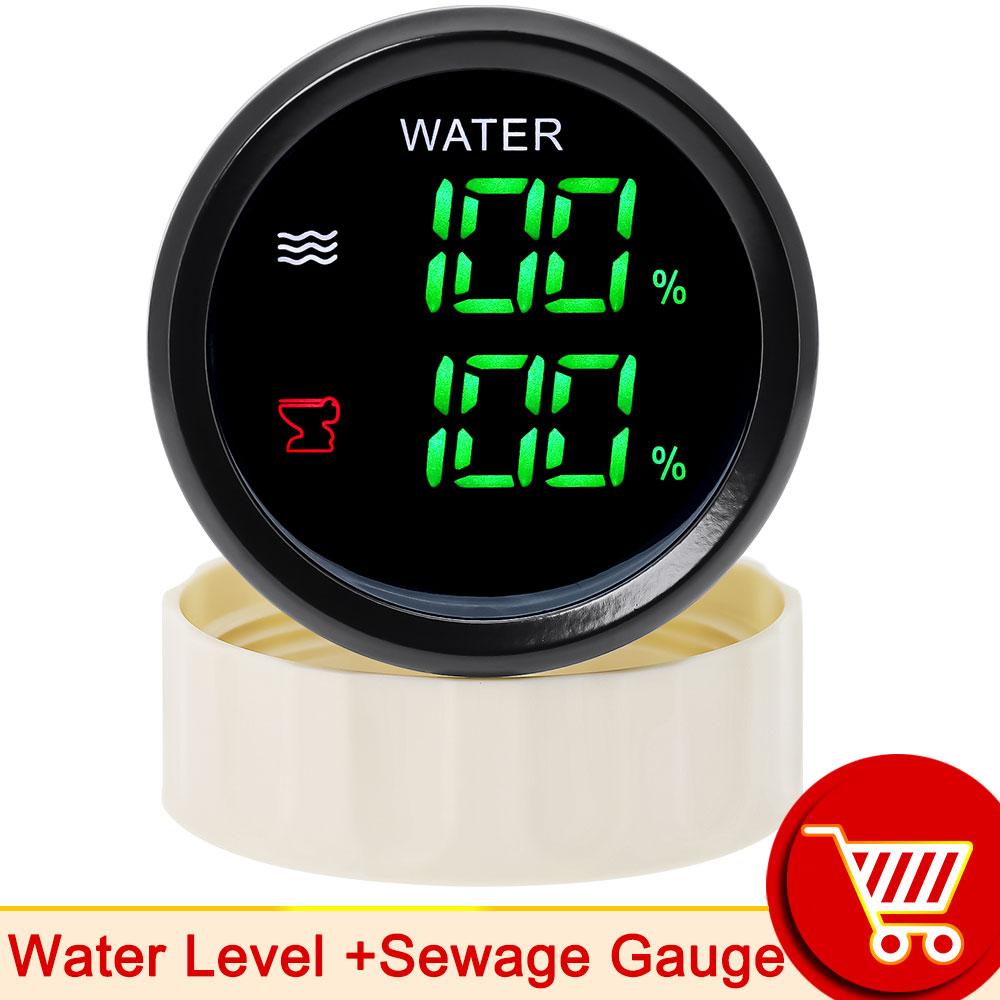 52mm 2in1 Gauge Digital Fuel Level Water Level Gauge With Alarm Water Temp Holding Tank Level Gauge Voltmeter for Car Boat Yach