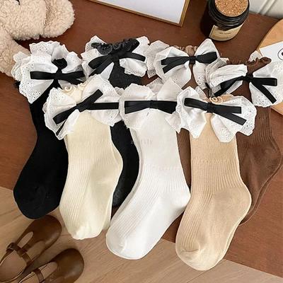 Fille Printemps Automne Nouveau Dentelle Nœud Chaussettes Style Académique Coréen Étudiant Enfants Mi-Mollet Chaussettes Bébé Princesse Enfant Coton Bas