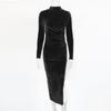 2025 Spring Autumn Women Solid Color Velvet Long Sleeve Ruched Midi Dress Side Slit Bodycon Sexy Streetwear Party Elegant Club Dresses
