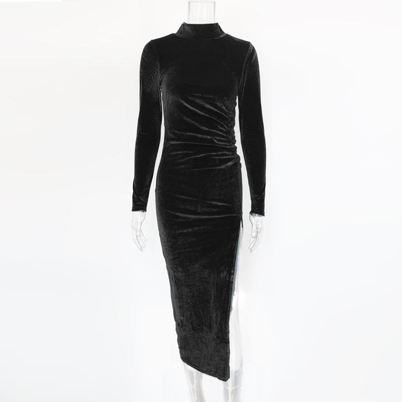 

2025 Весна Осень Женское Однотонное Бархатное Длинное Рукавное Платье Миди С Оборками Боковой Разрез Облегающее Сексуальное Уличное Вечернее Элегантное Клубное Платье M чёрный