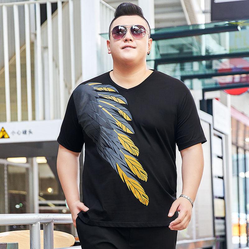 200 Pounds Men's Plus Size Plus Size Printed Short-sleeved T-shirt Fat Guy Melon Seed Collar Thin Section T-shirt Youth Bottoming Shirt Summer