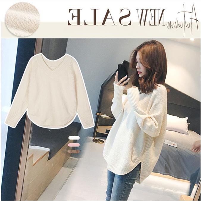 Autumn Winter Women's Sweater Knitwear Loose V-neck Medium-length Knitted Tops Pullover Jumper