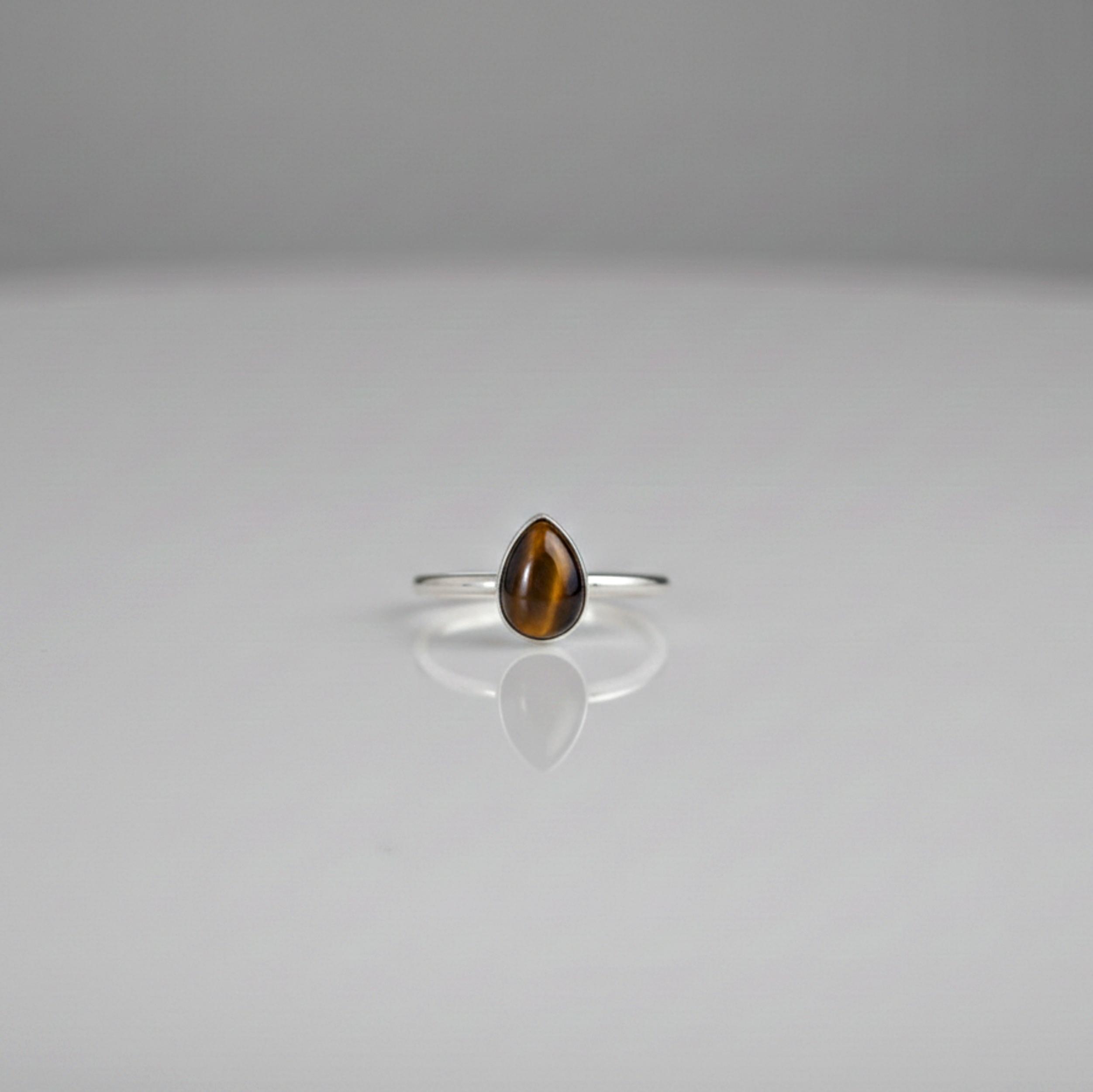 

Pear Shape Tiger Eye Stacking Ring, 925 Solid Sterling Silver, Minimalist Statement Boho Gemstone for Women 12 срібний