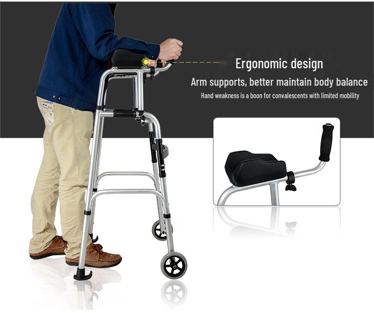 Aluminum Alloy Rollator Walker with Wheels, Seat, and Arm Support – Four-Legged Mobility Aid.